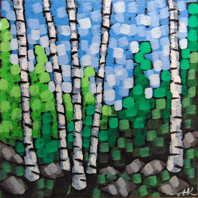 Into the Forest painting by artist aaron kloss at sivetson gallery, painting of summer birches, pointillism