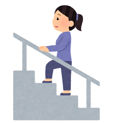 手すりを持って階段を上る人のイラスト（女性）
