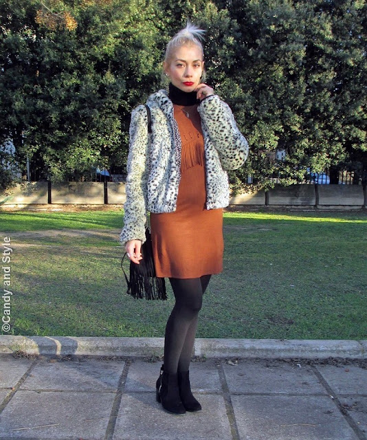 LeopardFauxFur+SuedeFringedDress+AnkleBoots+FringedBag+TopKnot+RedLips - Lilli Candy and Style Fashion Blog