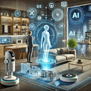 "A futuristic AI-powered smart home with a holographic virtual assistant, robotic devices, and a high-tech cityscape visible through the window."