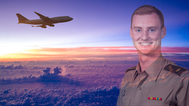 Army 2nd Lt. Cole Crandall assisted in a medical emergency aboard a flight to Hawaii as he headed for his nephrology rotation. (Airplane photo courtesy of the U.S. State Department. Crandall photo credit: Tom Balfour, USU)