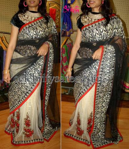 High Neck Blouse with Net Work Sari