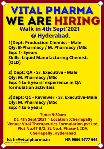 Vital Pharma | Walk-in for Production/QC/QA on 4th Sept 2021