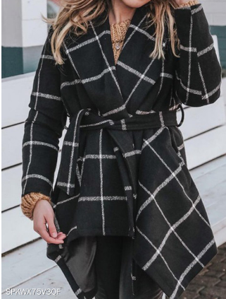Autumn and winter new lace-up plaid mid-length woolen coat