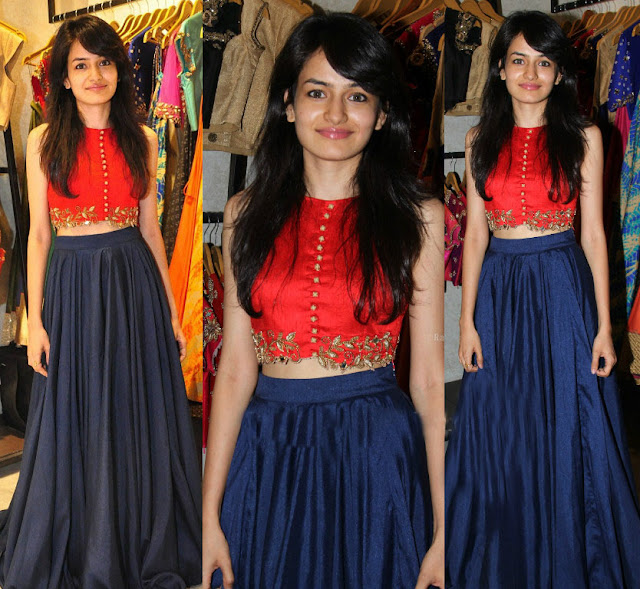 Navy Blue Plain Long Skirt Paired with Red Embroidered Crop Top by Talasha