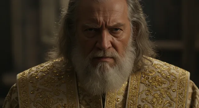 El rey Herodes, muy enfurecido, está mirando con furia.