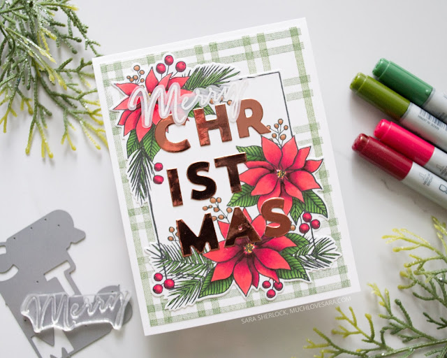 This fun poinsettia and plaid card, was created using stamps and dies from the Concord & 9th 2019 Holiday Release.  Featuring the Christmas Florals bundle, along with Woven Stripes Background Stamp.  For the full details for each card, along with details about where to purchase the supplies used, please visit the blog post.  