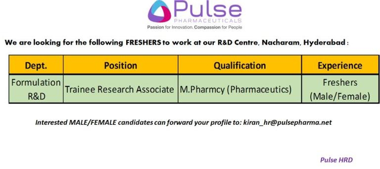 Job Availables,Pulse Pharmaceuticals Job Vacancy For M.Pharmcy (Pharmaceutics)-Freshers