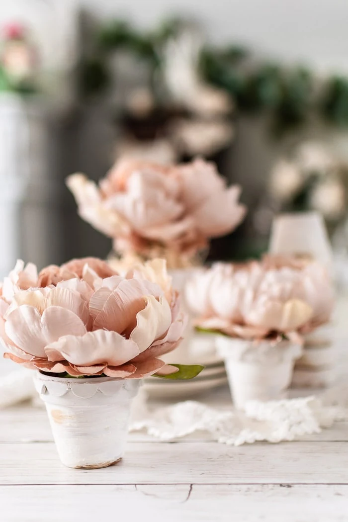 scallop flower pots, blush peonies