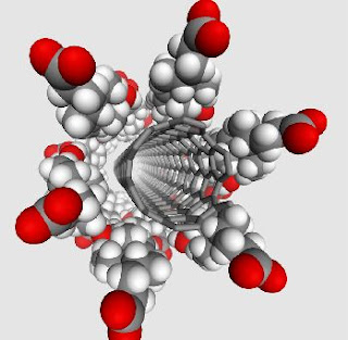 three dimensional molecular model of a mamotube wrapped in soap molecules