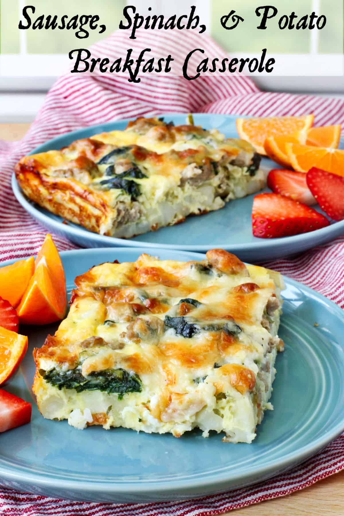 Sausage and Spinach Breakfast Casserole on a blue plate.