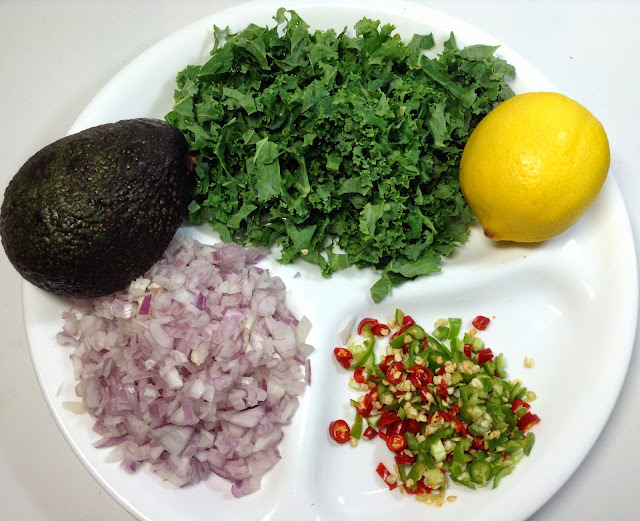 Avocado, Kale, Lemon. green and red chili, onion