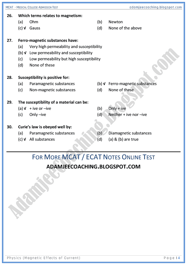 mcat-physics-magnetic-effects-of-current-mcqs-for-medical-entry-test