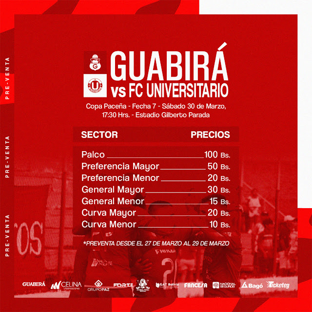 Venta de Entradas Guabira vs Universitario de Vinto