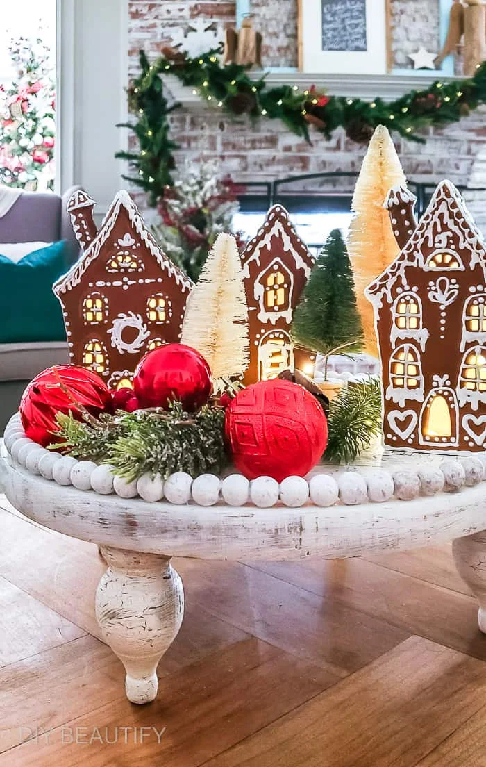 glossy gingerbread houses, chippy beaded wood tray, red ornaments