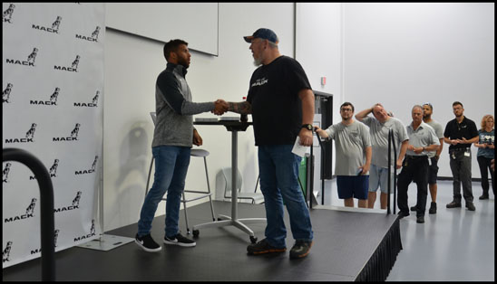 Darrell 'Bubba' Wallace visits with employees at the Mack Lehigh Valley Operations