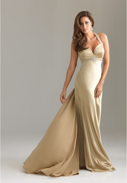 Gold Halter Evening Dress with Cascading Ruffle
