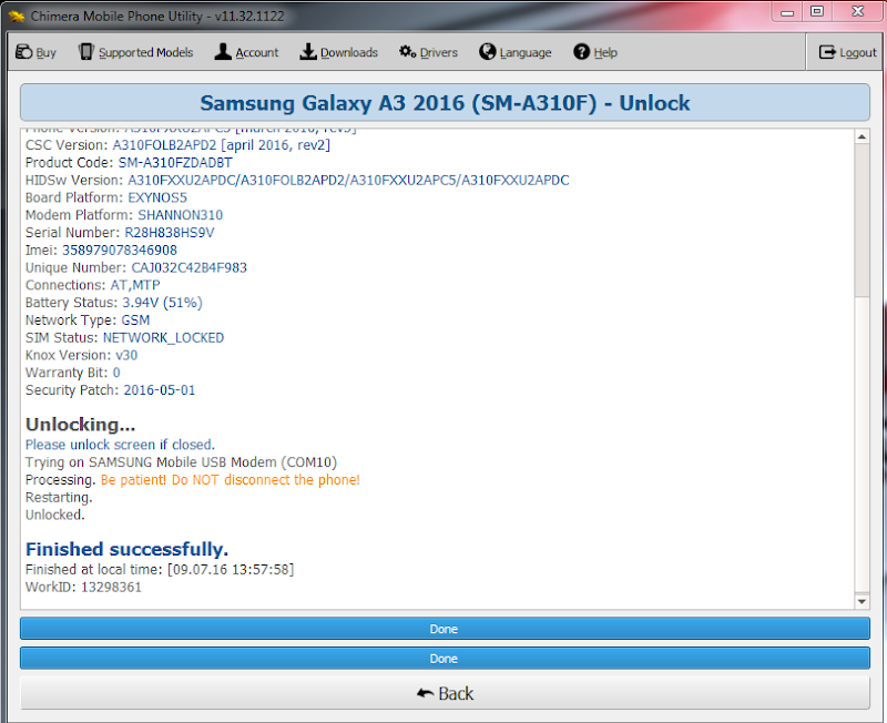 Samsung Galaxy A3 (A310F) unlock ok 