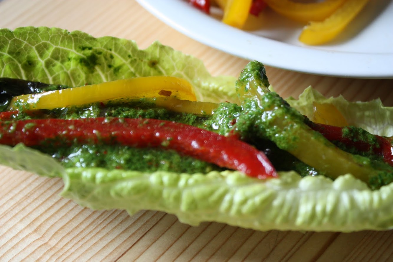 Portobello Strips and bell pepper lettuce wraps with Chimichurri sauce