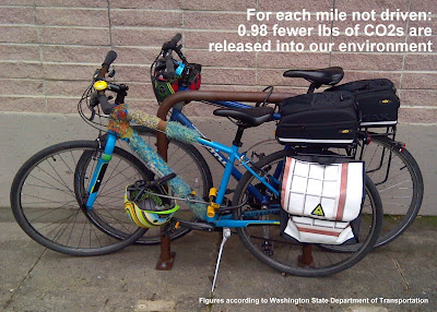 Two bicycles attached to a bike rack. Text in upper-right corner states, 'For each mile not driven: 0.98 fewer lbs of CO2s are released into our environment.' In lower-right corner, text states, 'Figures according to Washington State Department of Transportation'