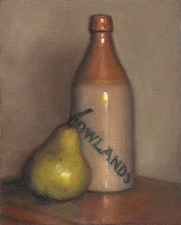 Still life oil painting of a green pear beside a brown earthenware bottle.