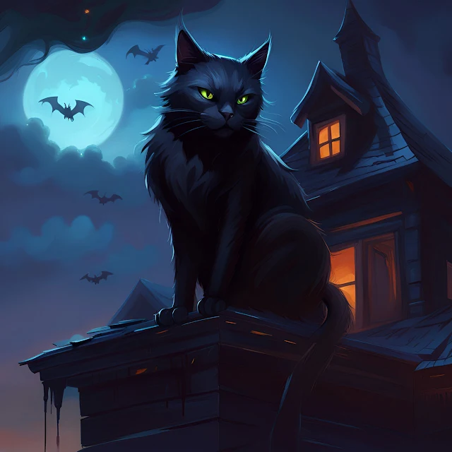 a beautiful and mysterious black cat on the roof of a haunted house on halloween night