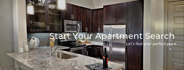 image of a kitchen with words start your apartment search