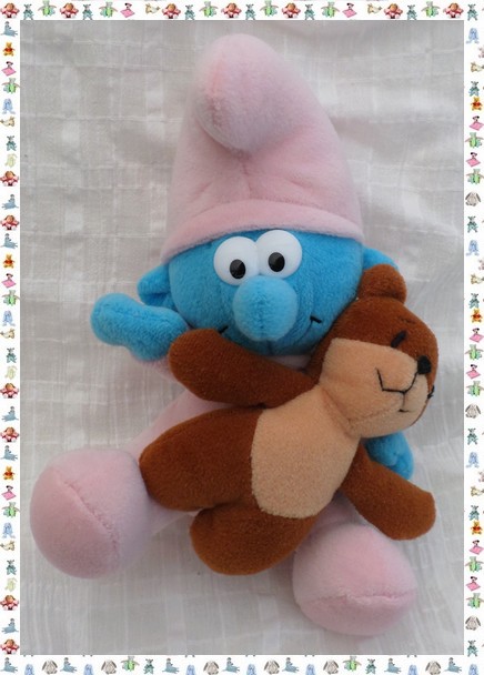 Doudou Peluche Peyo Bébé Schroumpf Assis Bleu Et Rose Avec Ourson Marron