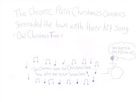 Lyrics are surrounded by music notes, “Ow Christmas tree, ow Christmas tree, how achy are your branches!” A nearby wheelie says, “This song is a real pick me up!”   