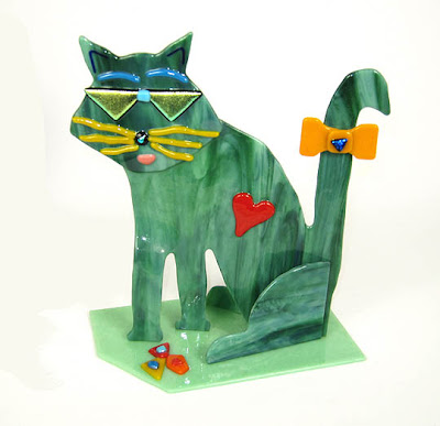 Fused glass cat art by Sue Goldsand