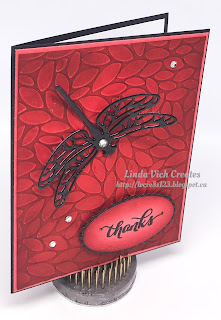 Linda Vich Creates: Dragonfly Thank You. Die cut dragonfly in shiny black adorns a Petal Burst embossed background of Watermelon Wonder on this vibrant thank you card.