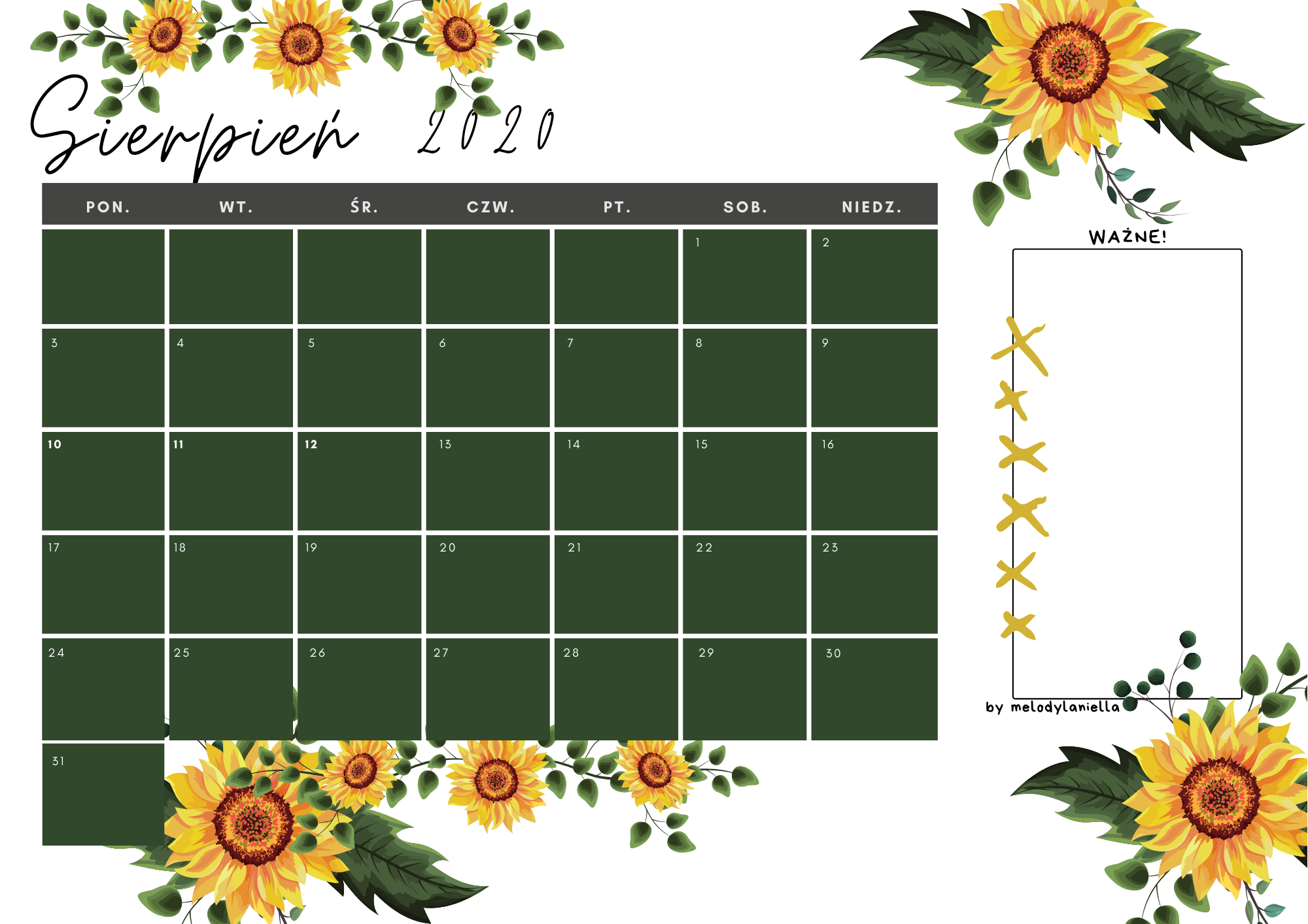 kalendarz sierpień 2020 do druku z liskiem pomarańczowy we wzorki do wydruku pdf darmowy blog graficzny a4