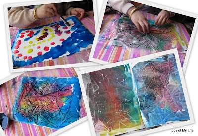 kids art watercolor and cling wrap