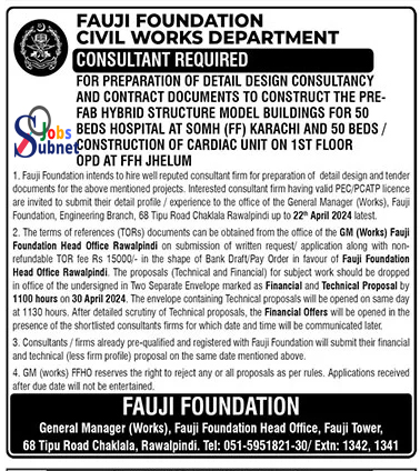 Fauji Foundation Civil Works Department Jobs 2024