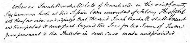 Written record of Sarah Marshall's sentence at the Lancaster Assizes, July 1816