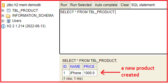 a new product record was created in the h2 database table