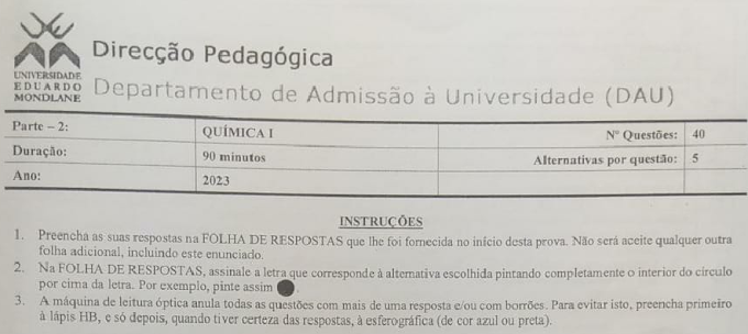 2023 – RESOLUÇÃO DO EXAME DE ADMISSÃO DE QUÍMICA I – UEM  - 2023