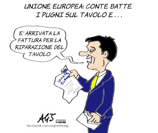 conte, aiuti europei, europa, ue, pugni sul tavolo, solidarietà europea, vignetta, satira