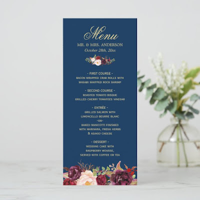  Burgundy Floral Navy Blue Gold Wedding Menu Card