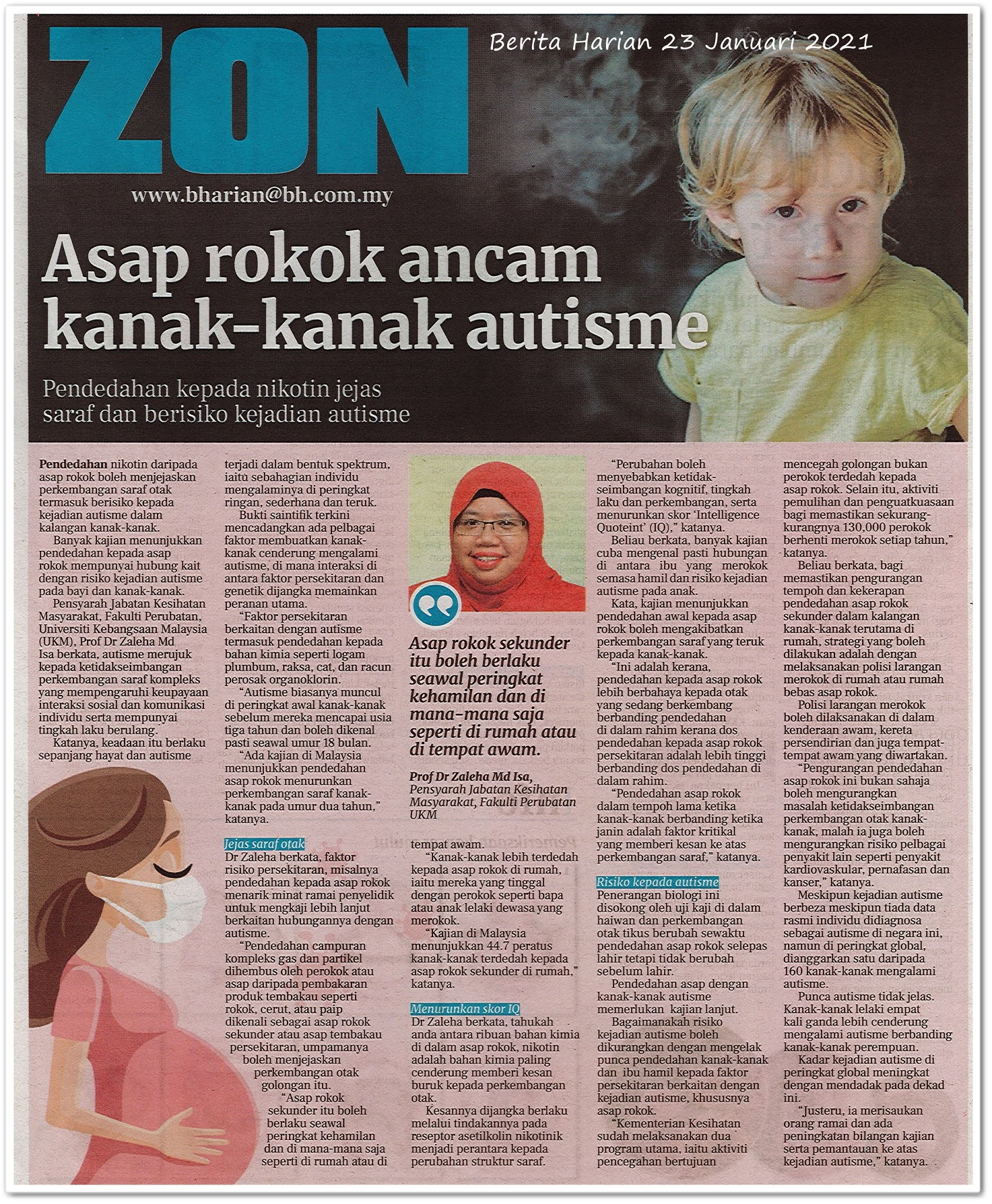 Asap rokok ancam kanak-kanak autisme - Keratan akhbar Berita Harian 23 Januari 2021