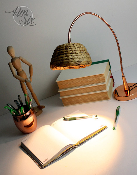 Ikea copper desk lamp with wicker shade