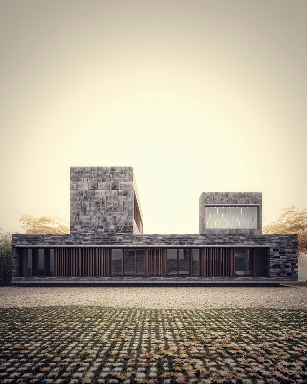 Rumah Modern dengan Dinding Batu Alam Rancangan Desain 