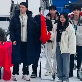 Wu Lei and Zhao Jinmai filming for During the Snowstorm in Finland