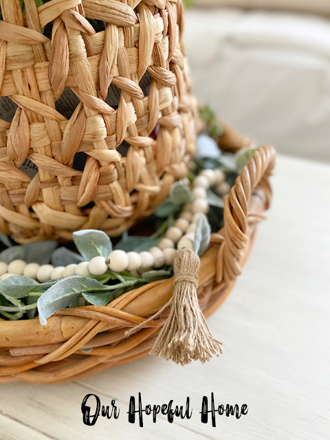 Aldi woven basket wooden farmhouse bead garland twine tassel eucalyptus garland