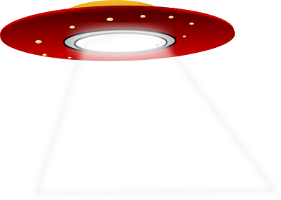 A flying saucer hovering in the air and generating a beam of light.