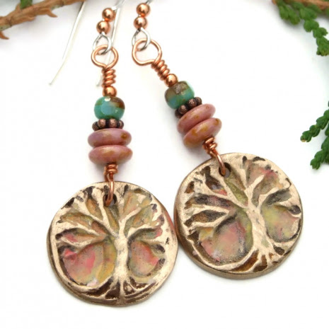 one of a kind bronze tree of life earrings with czech glass