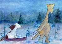 Postcard illustration of Hulmu Hukka and Haukku Spaniel coming to home when there is a blue moment in a winter evening. Haukku is sitting in a sled.