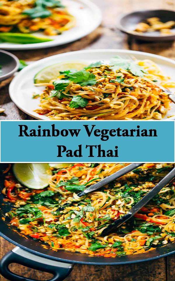 Rainbow Vegetarian Pad Thai with a simple five ingredient Pad Thai sauce – adaptable to any veggies you have on hand! So easy and delicious!