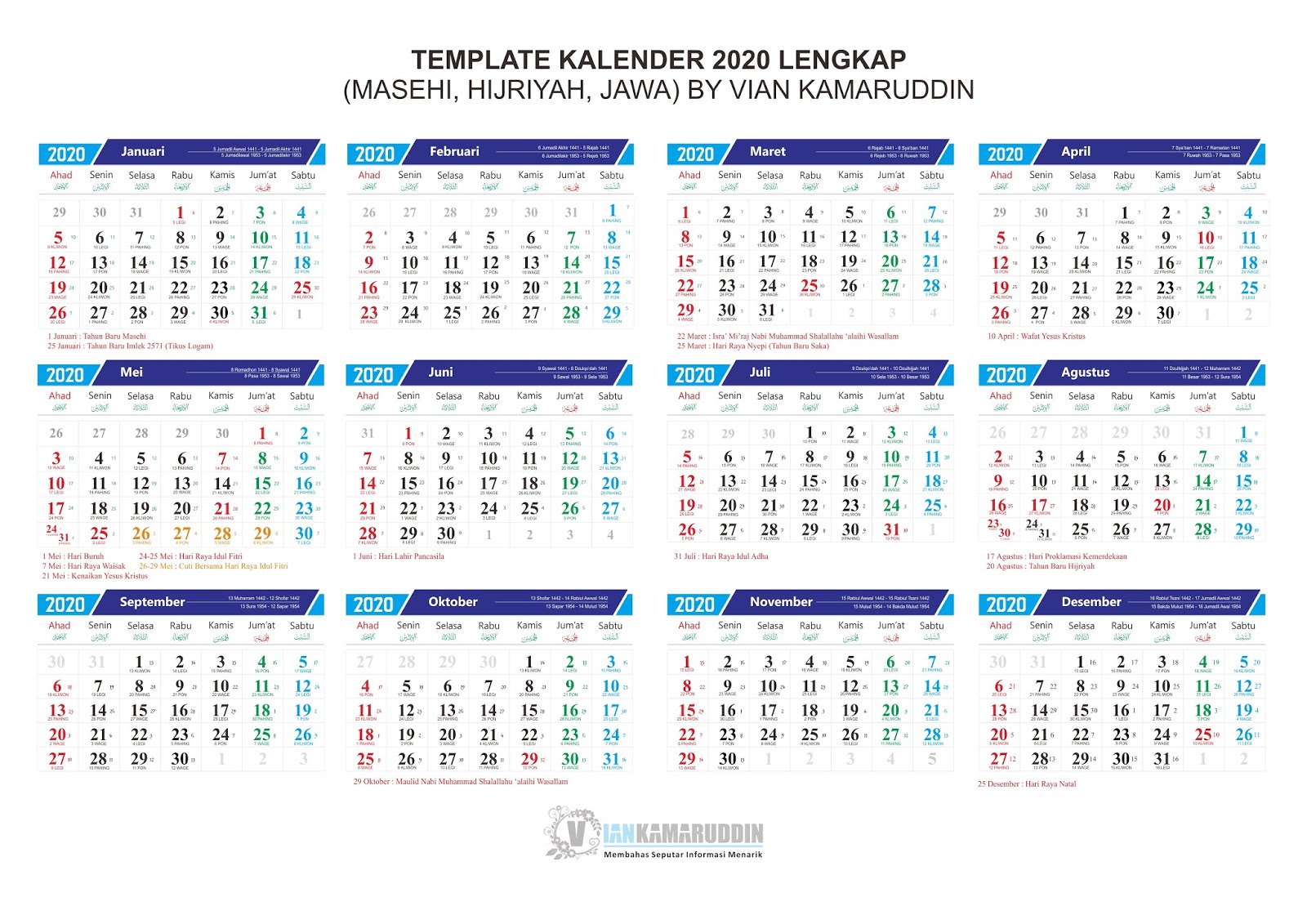  Kalender Indonesia Tahun 2020 CDR JPG PDF Masehi Hijriyah Jawa
