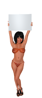 Girl in see through fishnet bikini holding sign PNG